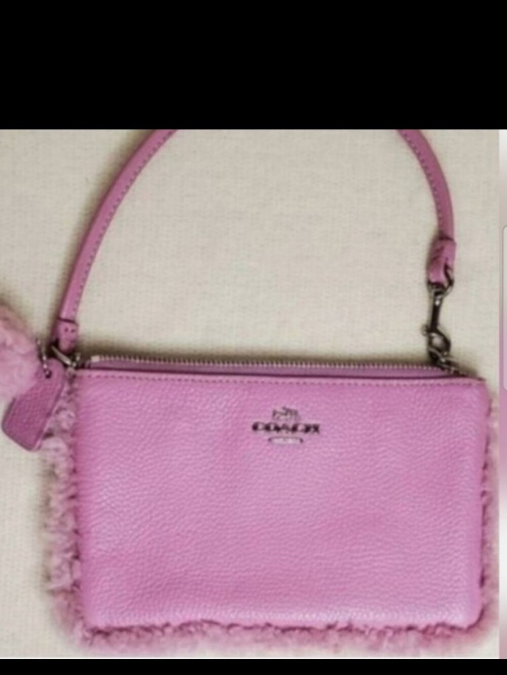 COACH Pink Genuine Leather Fuzzy Shearling Trim Wristlet With Pompom & Hangtag